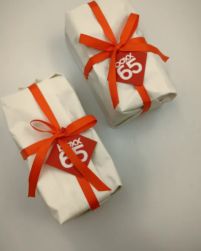 Boxx65 brownie gift boxes tied with ribbon